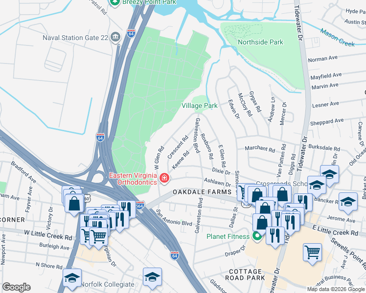 map of restaurants, bars, coffee shops, grocery stores, and more near 8019 Keene Road in Norfolk