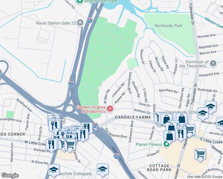 map of restaurants, bars, coffee shops, grocery stores, and more near 8019 Crescent Road in Norfolk