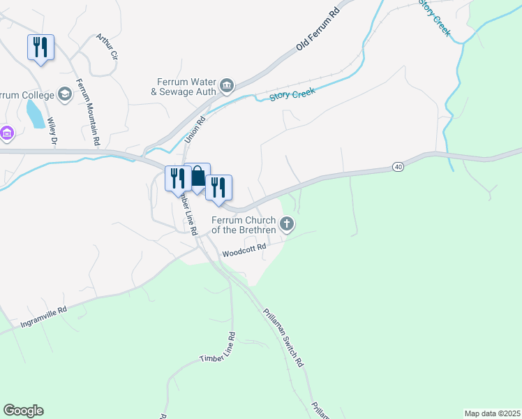 map of restaurants, bars, coffee shops, grocery stores, and more near 55 Old Craft Shop Road in Ferrum