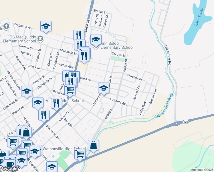 map of restaurants, bars, coffee shops, grocery stores, and more near 573 Cedar Drive in Watsonville