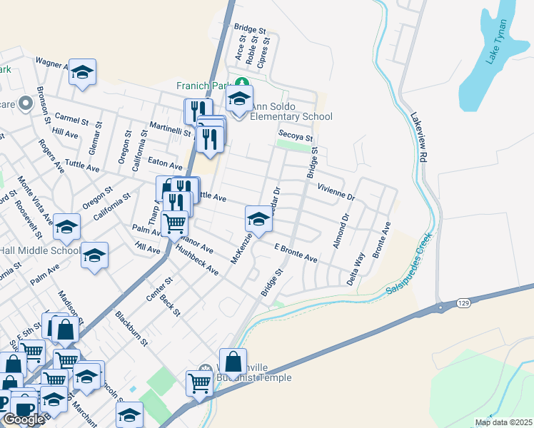 map of restaurants, bars, coffee shops, grocery stores, and more near 573 Cedar Drive in Watsonville