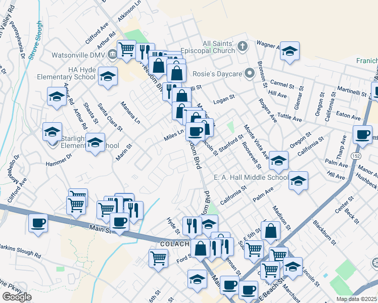 map of restaurants, bars, coffee shops, grocery stores, and more near 1031 Freedom Boulevard in Watsonville