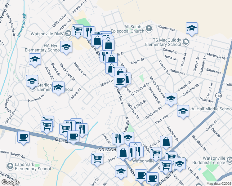 map of restaurants, bars, coffee shops, grocery stores, and more near 1031 Freedom Boulevard in Watsonville