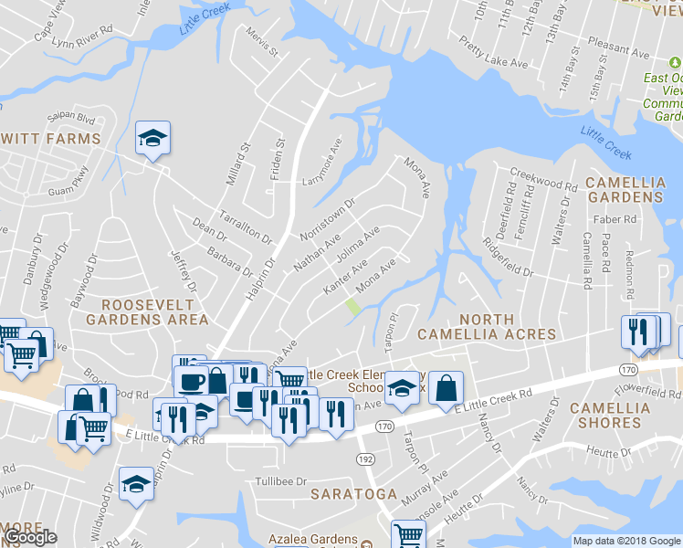 map of restaurants, bars, coffee shops, grocery stores, and more near 8301 Kanter Avenue in Norfolk