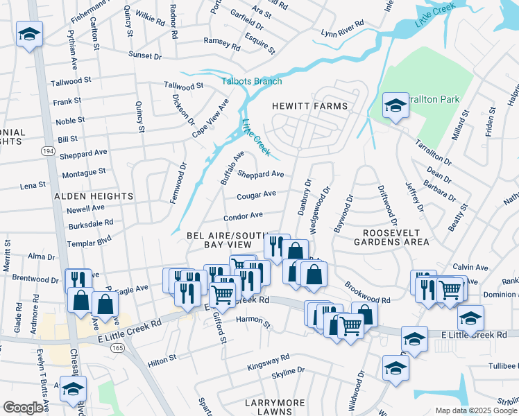 map of restaurants, bars, coffee shops, grocery stores, and more near 1645 Condor Avenue in Norfolk