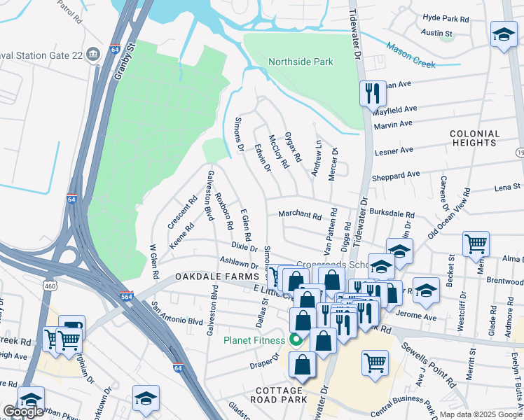 map of restaurants, bars, coffee shops, grocery stores, and more near 8108 Simons Drive in Norfolk