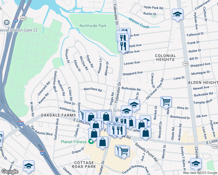 map of restaurants, bars, coffee shops, grocery stores, and more near 8121 Diggs Road in Norfolk