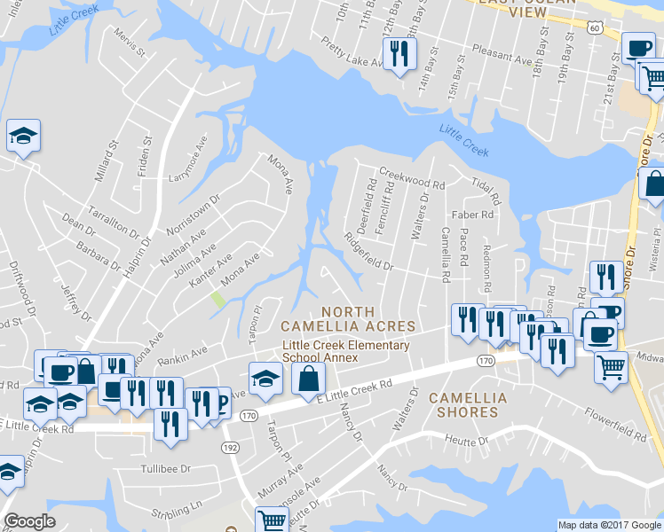 map of restaurants, bars, coffee shops, grocery stores, and more near 8076 Lynnbrook Drive in Norfolk