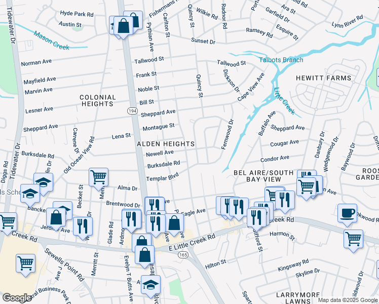 map of restaurants, bars, coffee shops, grocery stores, and more near 1301 Newell Avenue in Norfolk