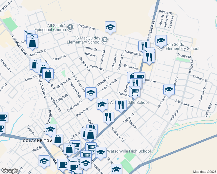 map of restaurants, bars, coffee shops, grocery stores, and more near 532 California Street in Watsonville