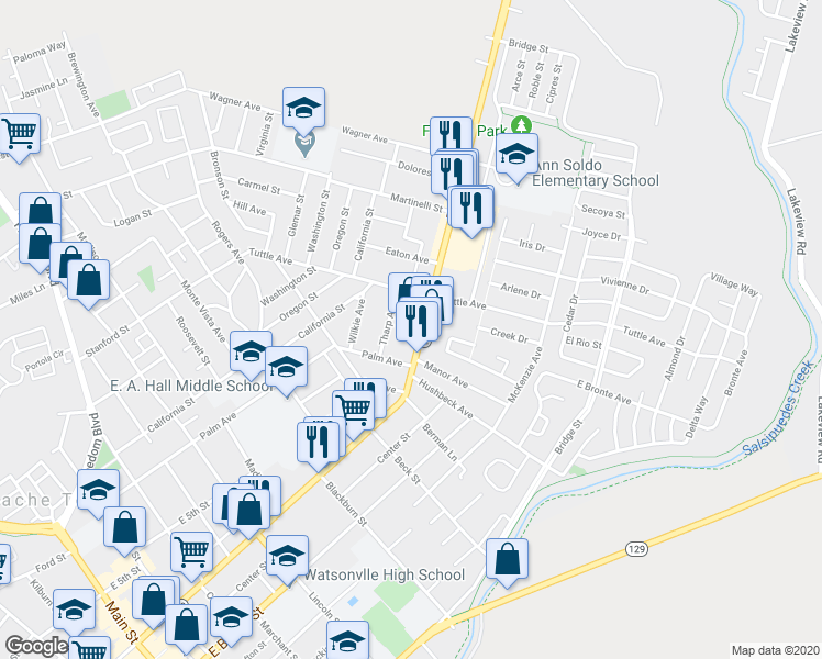 map of restaurants, bars, coffee shops, grocery stores, and more near 723 East Lake Avenue in Watsonville