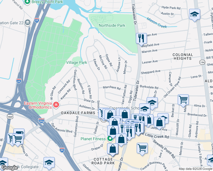 map of restaurants, bars, coffee shops, grocery stores, and more near 527 Marchant Road in Norfolk