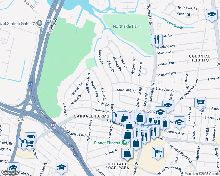 map of restaurants, bars, coffee shops, grocery stores, and more near 8108 Simons Drive in Norfolk