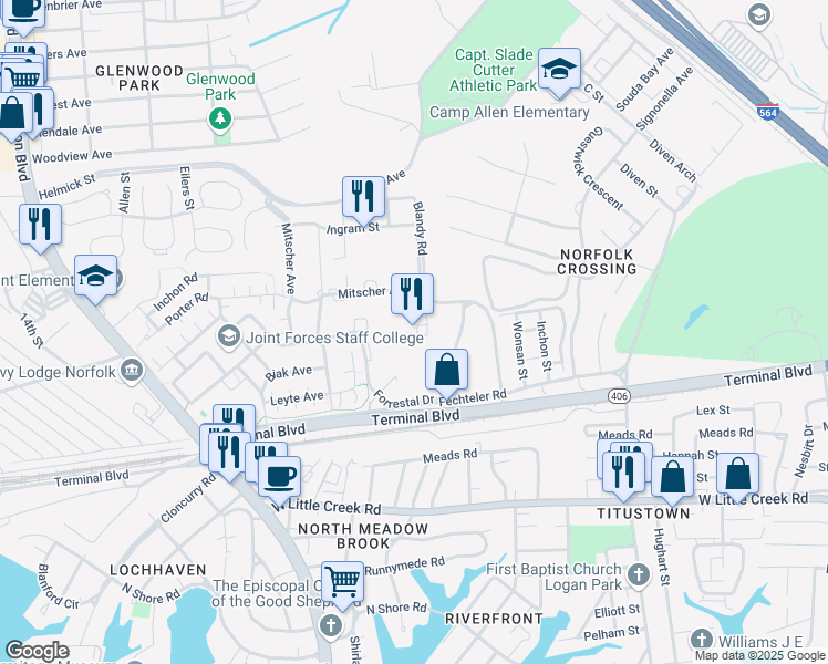 map of restaurants, bars, coffee shops, grocery stores, and more near 976-7864 Blandy Rd in Norfolk