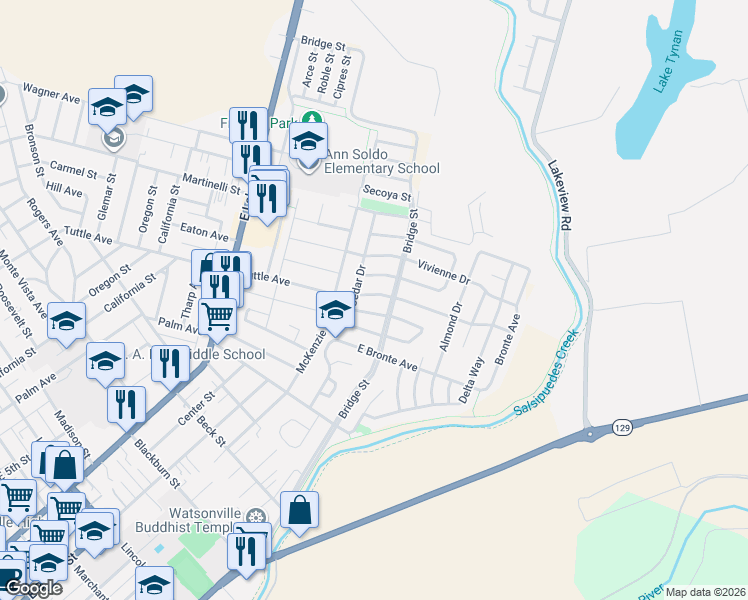 map of restaurants, bars, coffee shops, grocery stores, and more near 517 Tuttle Avenue in Watsonville