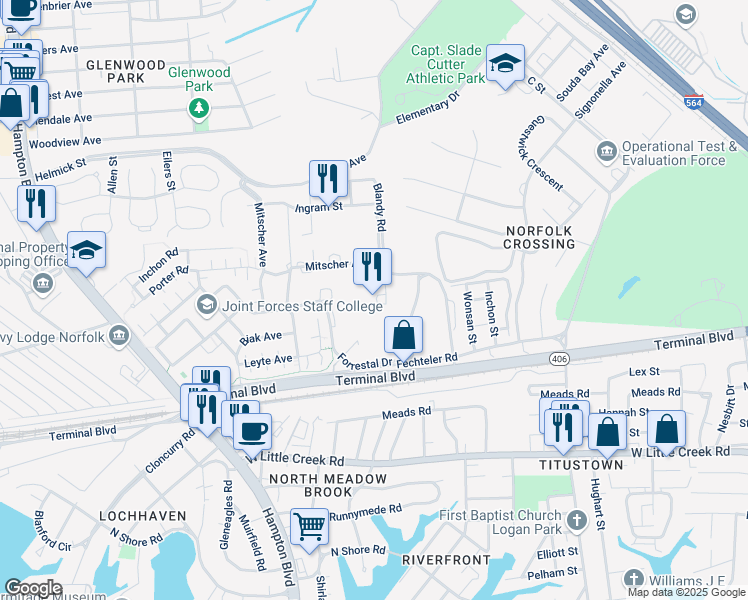 map of restaurants, bars, coffee shops, grocery stores, and more near 7857 Blandy Road in Norfolk