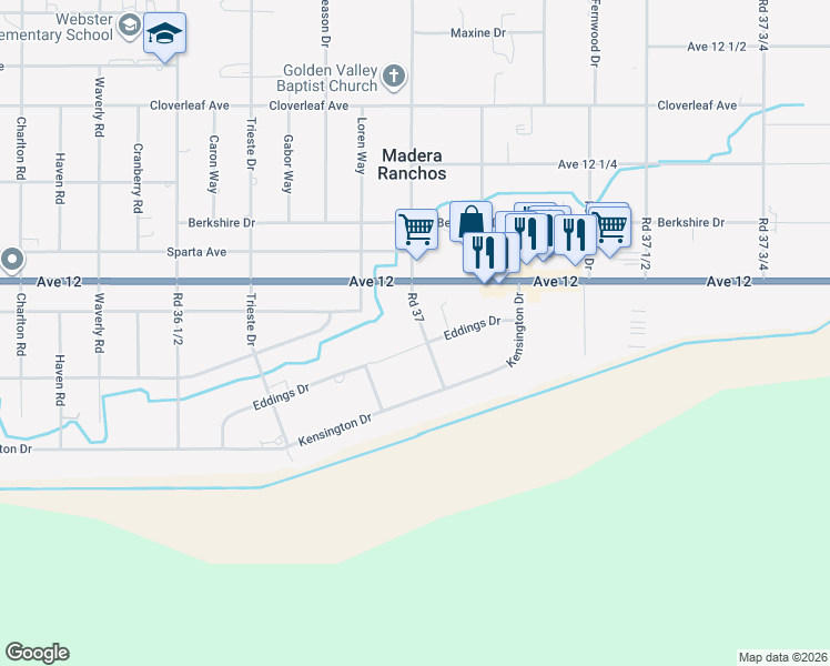 map of restaurants, bars, coffee shops, grocery stores, and more near 11896 Road 37 in Madera