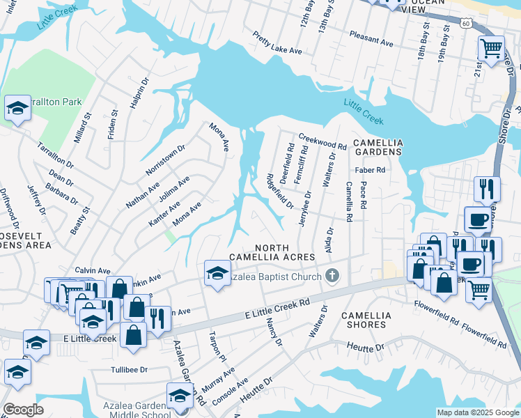 map of restaurants, bars, coffee shops, grocery stores, and more near 8076 Lynnbrook Drive in Norfolk