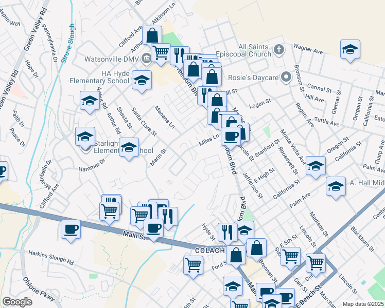 map of restaurants, bars, coffee shops, grocery stores, and more near 6 Crespi Way in Watsonville