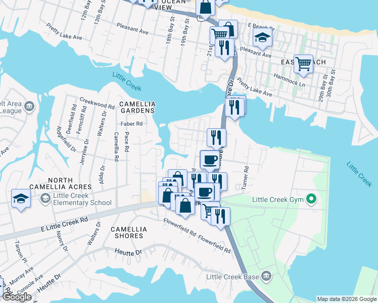 map of restaurants, bars, coffee shops, grocery stores, and more near 8036 Thompson Road in Norfolk