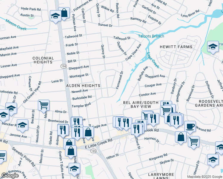 map of restaurants, bars, coffee shops, grocery stores, and more near 8201 Fernwood Drive in Norfolk