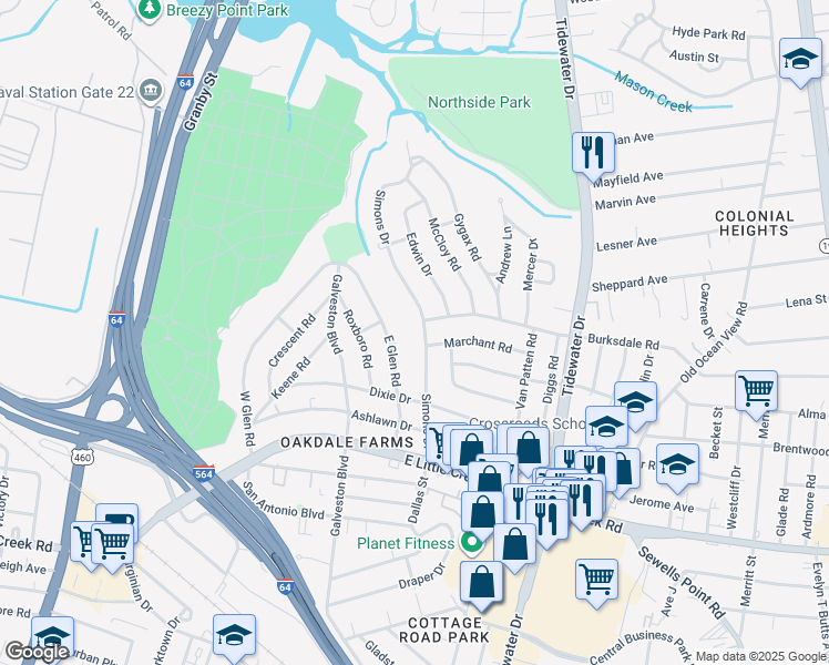 map of restaurants, bars, coffee shops, grocery stores, and more near 8108 Simons Drive in Norfolk