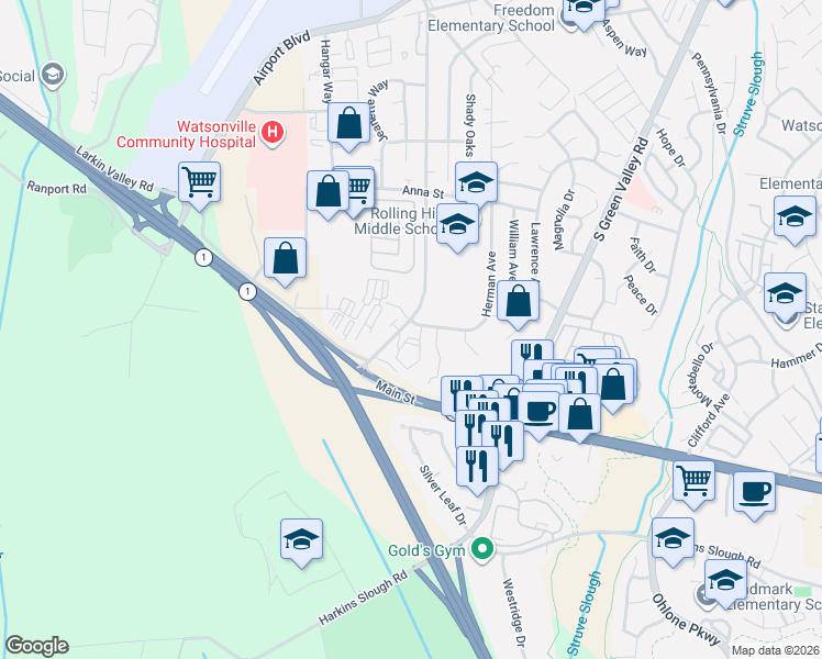 map of restaurants, bars, coffee shops, grocery stores, and more near 255 Holm Road in Watsonville