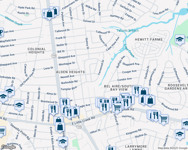map of restaurants, bars, coffee shops, grocery stores, and more near 8201 Fernwood Drive in Norfolk