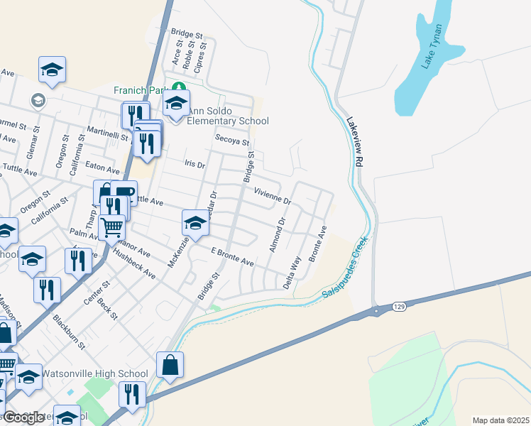 map of restaurants, bars, coffee shops, grocery stores, and more near 459 Cloudview Drive in Watsonville