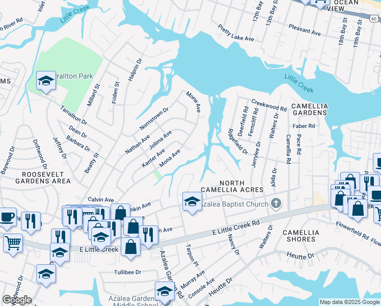 map of restaurants, bars, coffee shops, grocery stores, and more near 2509 Fala Circle in Norfolk
