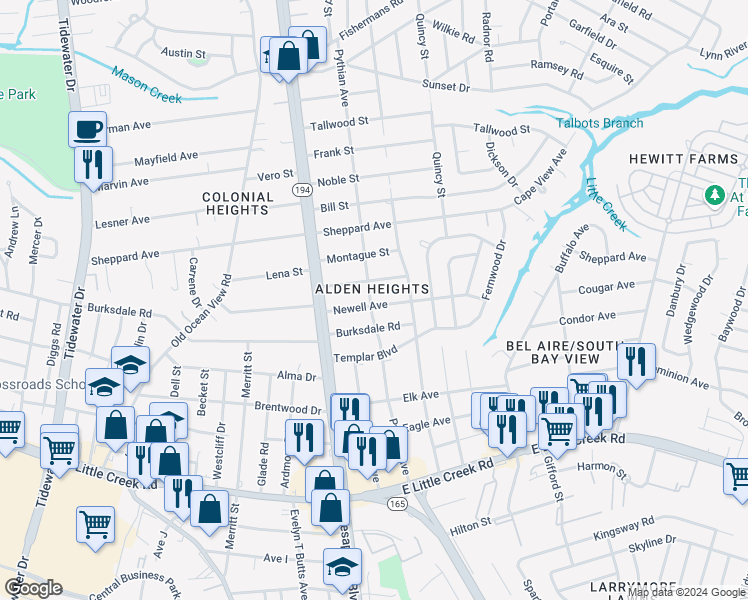 map of restaurants, bars, coffee shops, grocery stores, and more near 1200 Newell Avenue in Norfolk