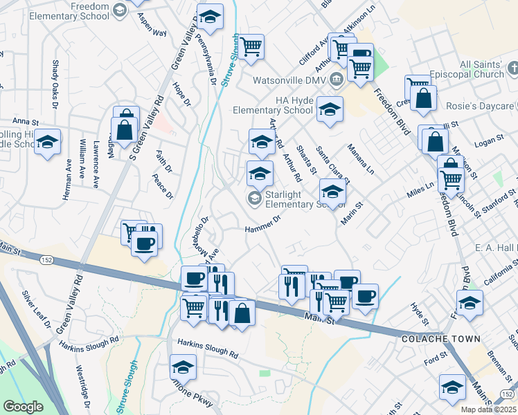 map of restaurants, bars, coffee shops, grocery stores, and more near 225 Hammer Drive in Watsonville