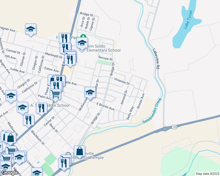 map of restaurants, bars, coffee shops, grocery stores, and more near 498 Spruce Circle in Watsonville