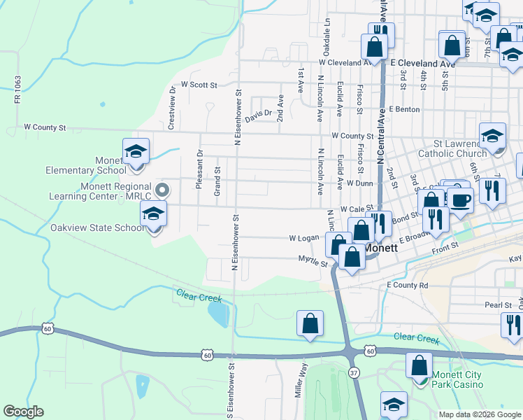 map of restaurants, bars, coffee shops, grocery stores, and more near 425 W Cale St in Monett