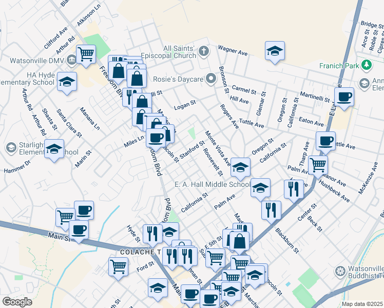 map of restaurants, bars, coffee shops, grocery stores, and more near 202 Stanford Street in Watsonville
