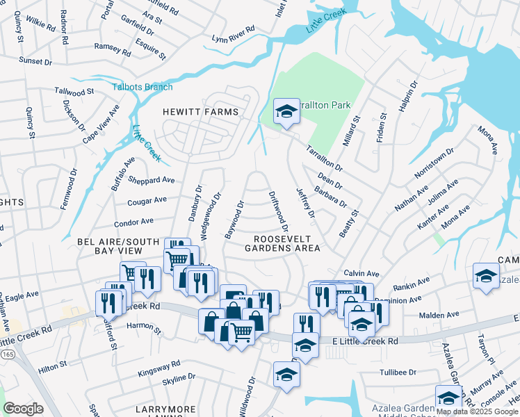map of restaurants, bars, coffee shops, grocery stores, and more near 1821 Hardwood Lane in Norfolk