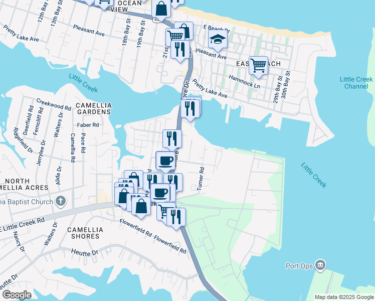 map of restaurants, bars, coffee shops, grocery stores, and more near 8119 Wisteria Place in Norfolk