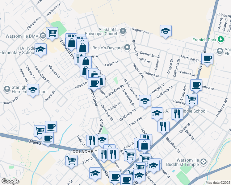 map of restaurants, bars, coffee shops, grocery stores, and more near 202 Stanford Street in Watsonville