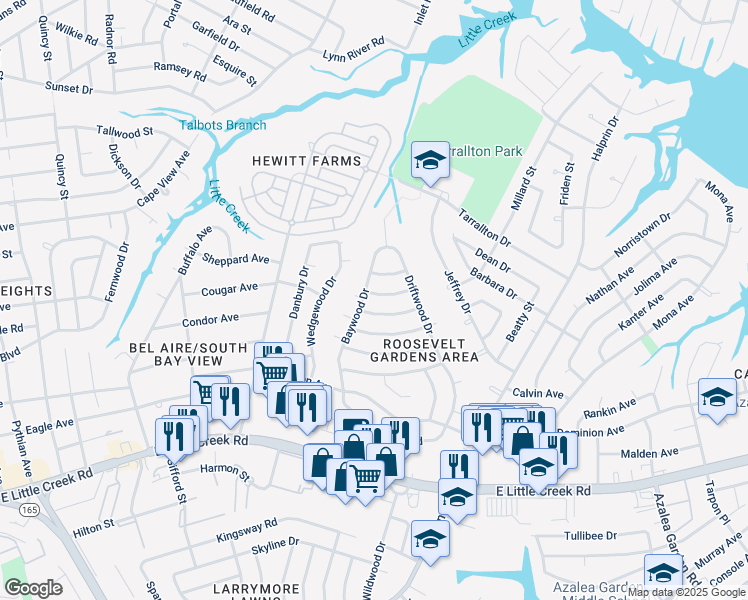 map of restaurants, bars, coffee shops, grocery stores, and more near 1807 Hardwood Lane in Norfolk