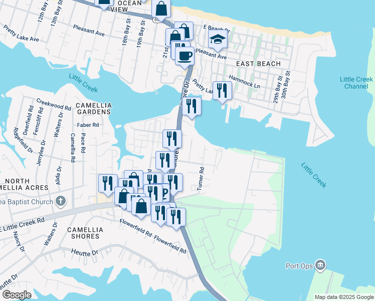map of restaurants, bars, coffee shops, grocery stores, and more near 8119 Wisteria Place in Norfolk