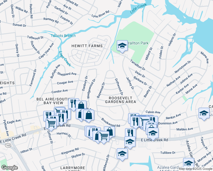 map of restaurants, bars, coffee shops, grocery stores, and more near 1807 Hardwood Lane in Norfolk