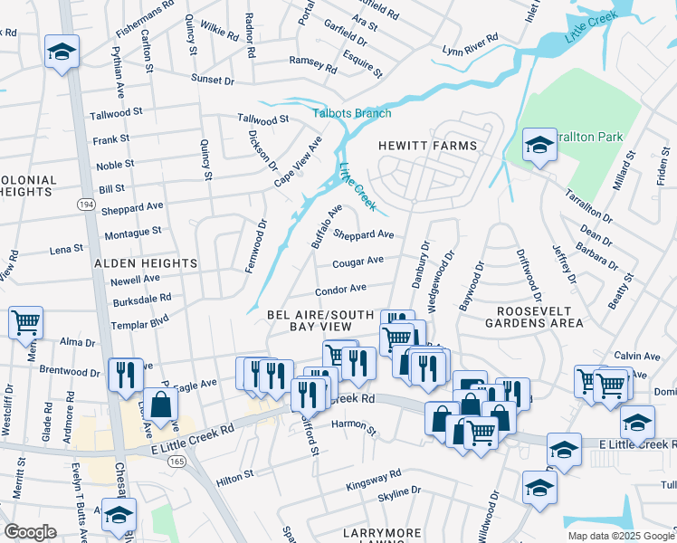 map of restaurants, bars, coffee shops, grocery stores, and more near 8062 Bison Avenue in Norfolk