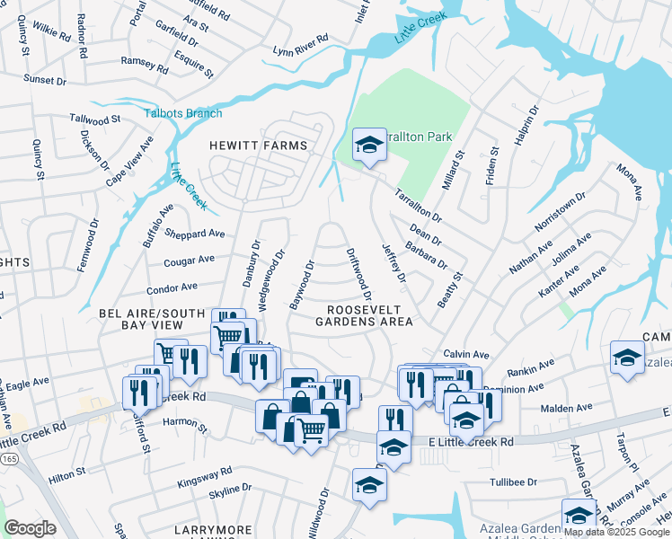 map of restaurants, bars, coffee shops, grocery stores, and more near 1821 Hardwood Lane in Norfolk
