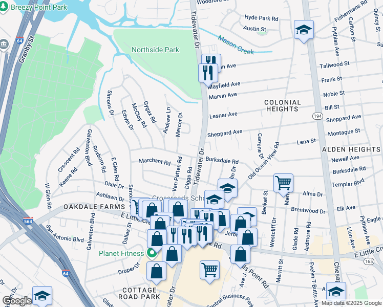 map of restaurants, bars, coffee shops, grocery stores, and more near 8121 Diggs Road in Norfolk