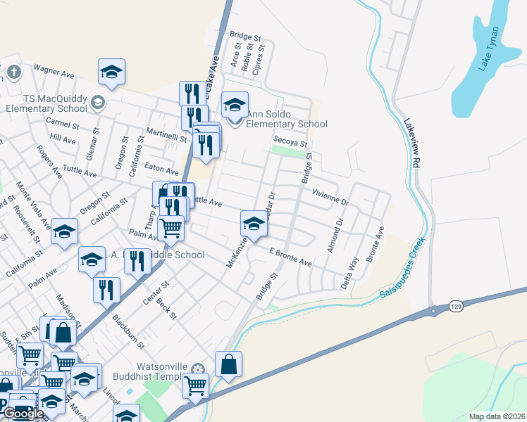 map of restaurants, bars, coffee shops, grocery stores, and more near 560 Cedar Drive in Watsonville