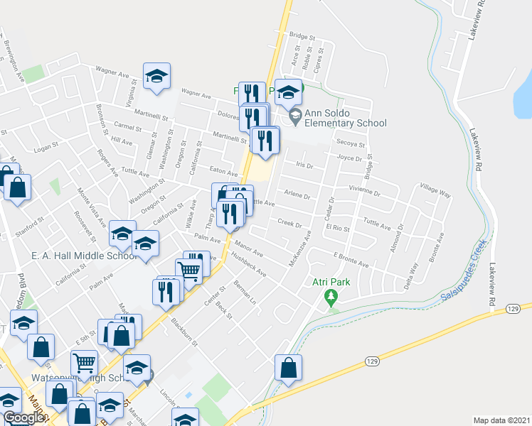 map of restaurants, bars, coffee shops, grocery stores, and more near 149 Brentwood Drive in Watsonville