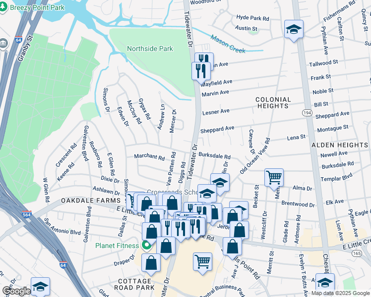 map of restaurants, bars, coffee shops, grocery stores, and more near 8121 Diggs Road in Norfolk