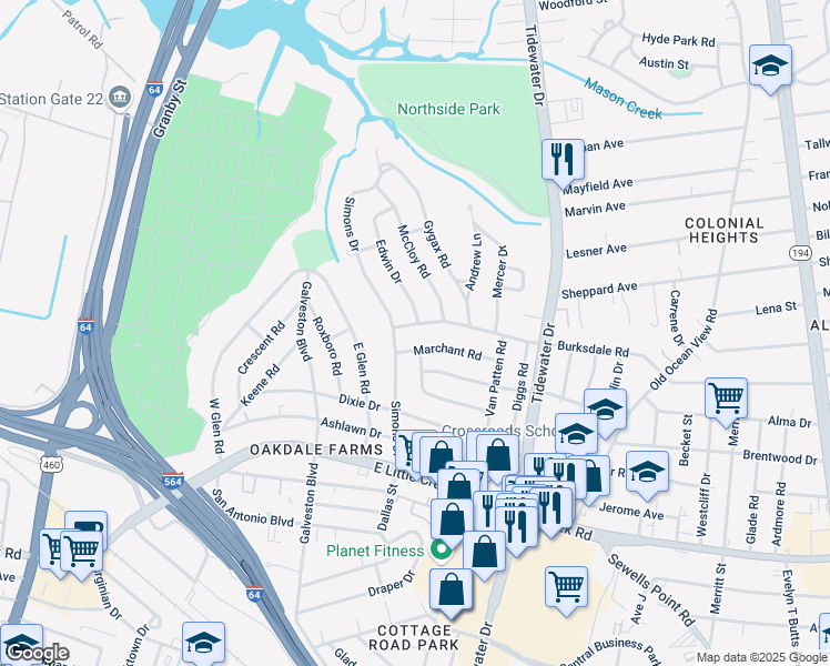 map of restaurants, bars, coffee shops, grocery stores, and more near 8108 Simons Drive in Norfolk
