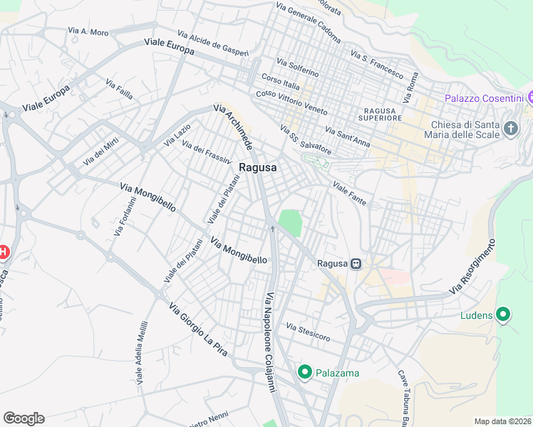 map of restaurants, bars, coffee shops, grocery stores, and more near Via Palma di Montechiaro in Ragusa