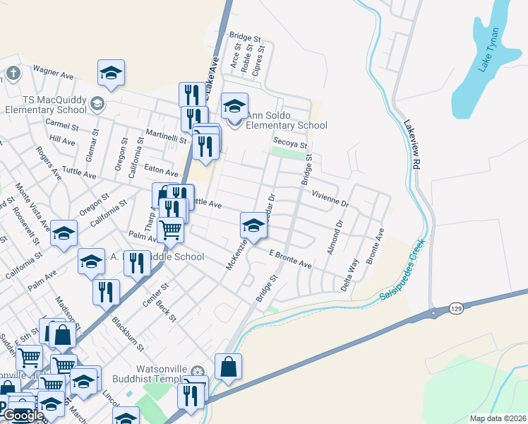 map of restaurants, bars, coffee shops, grocery stores, and more near 560 Cedar Drive in Watsonville